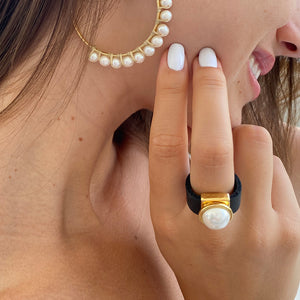 Pearl and leather gold plated ring - SEA Smadar Eliasaf