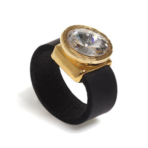 Crystal and leather gold plated ring - SEA Smadar Eliasaf