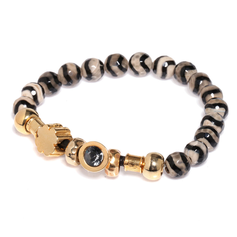 Zebra Elastic Gold Plated Agat Bracelet with Black Crystal - SEA Smadar Eliasaf