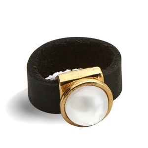 Pearl and leather gold plated ring - SEA Smadar Eliasaf