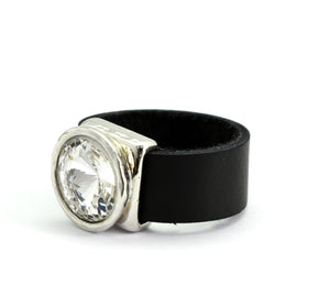 Crystal and leather silver plated ring - SEA Smadar Eliasaf